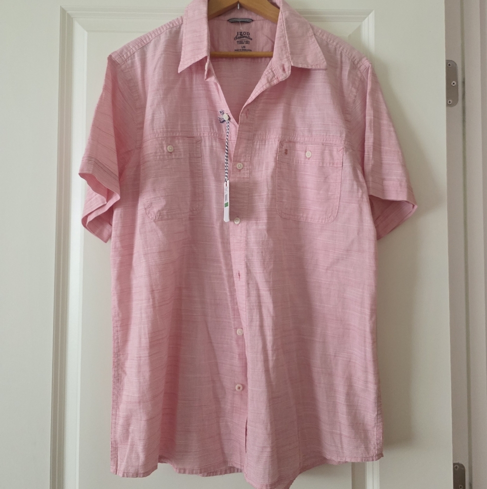 Izod Saltwatet Collared Button Up Short Sleeve Mens L NWT Pink Coral Cotton